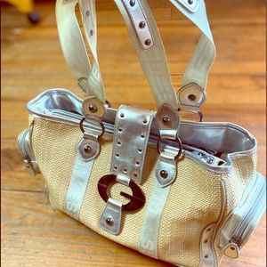 ☀️ Large Guess Straw Satchel Bag with Silver Trim